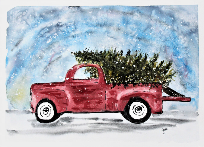 Classic Red Truck with Christmas Tree Watercolor - 11x14 - 140lb Fabriano Artistico
